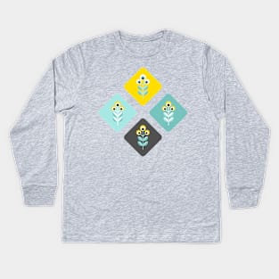 Scandinavian flowers 01, teal, yellow and dark grey Kids Long Sleeve T-Shirt